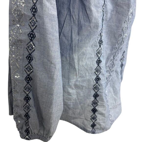 Chicos Womens Embellished Denim Chambray Embroidered Sequin Top Shirt Blue 2/ L - Picture 2 of 16